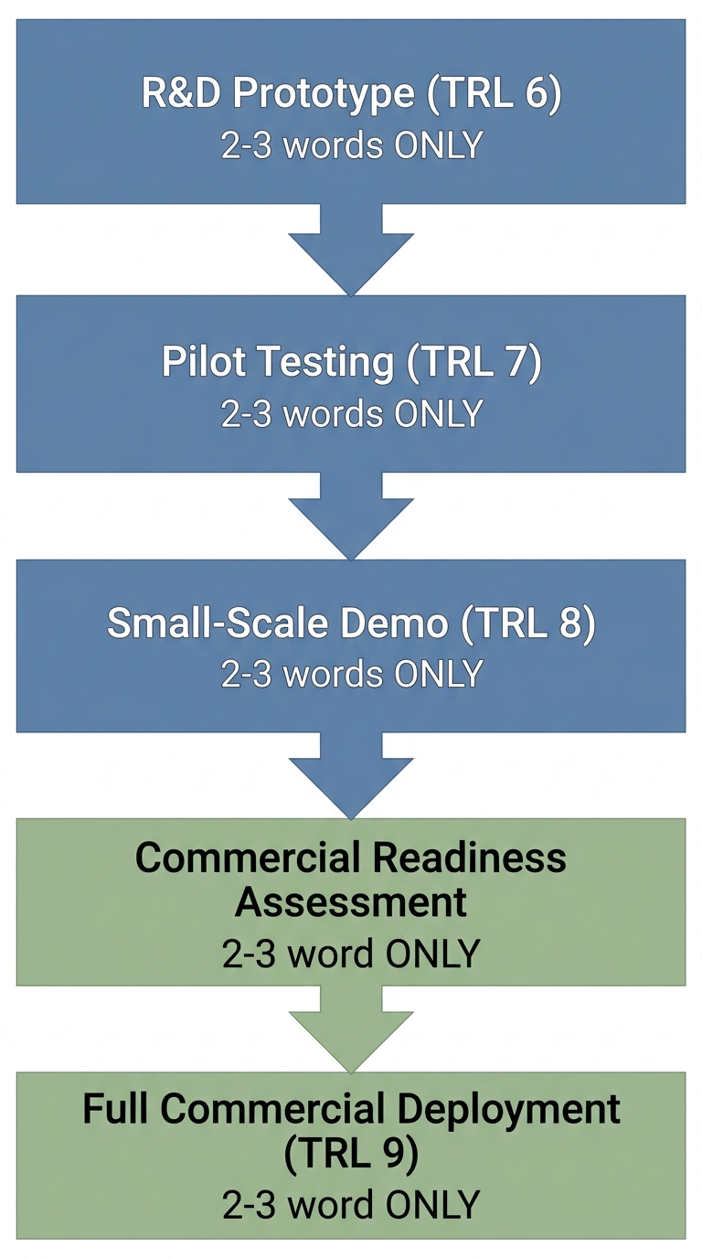 Vertical process flow diagram diagnosing the Valley of Death for climate tech: five connected stages from R&D Prototype to Full Commercial Deployment with downward arrows, qualitative checklist of diagnostic questions, muted blue and green scheme
