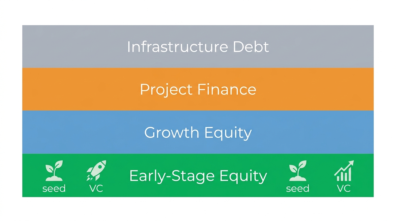 Vertical infographic of the climate tech capital stack with four layers: Early-Stage Equity in green, Growth Equity in blue, Project Finance in orange, and Infrastructure Debt in grey, with icons and labels.