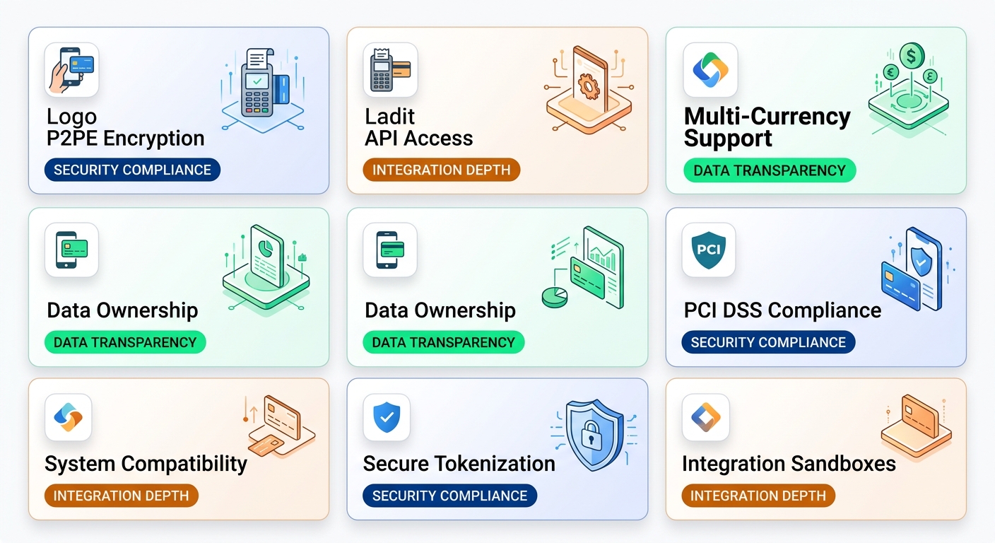 Infographic grid of ten mobile credit card processing solutions arranged in a 5x2 card layout, each with a logo, capability keyword, and color-coded diligence-readiness tag.