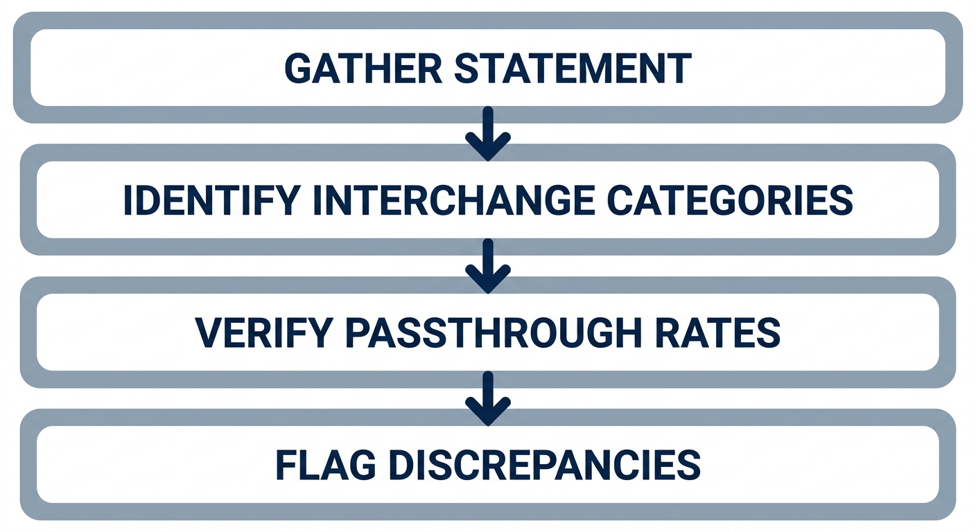 Vertical four-step process flow for auditing merchant statements with rounded rectangles and downward arrows in blue and gray