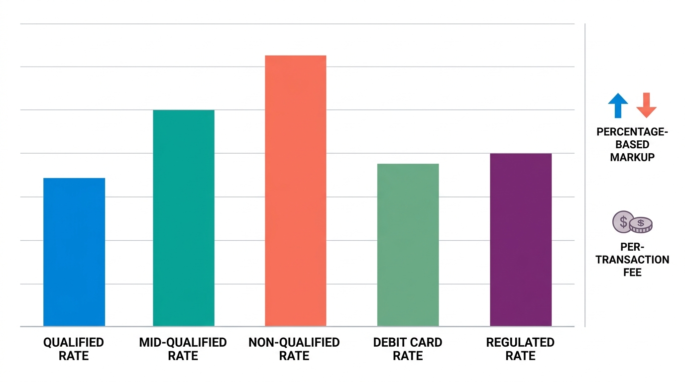 Professional bar chart comparing five interchange rate tiers and processor markup types in payment processing
