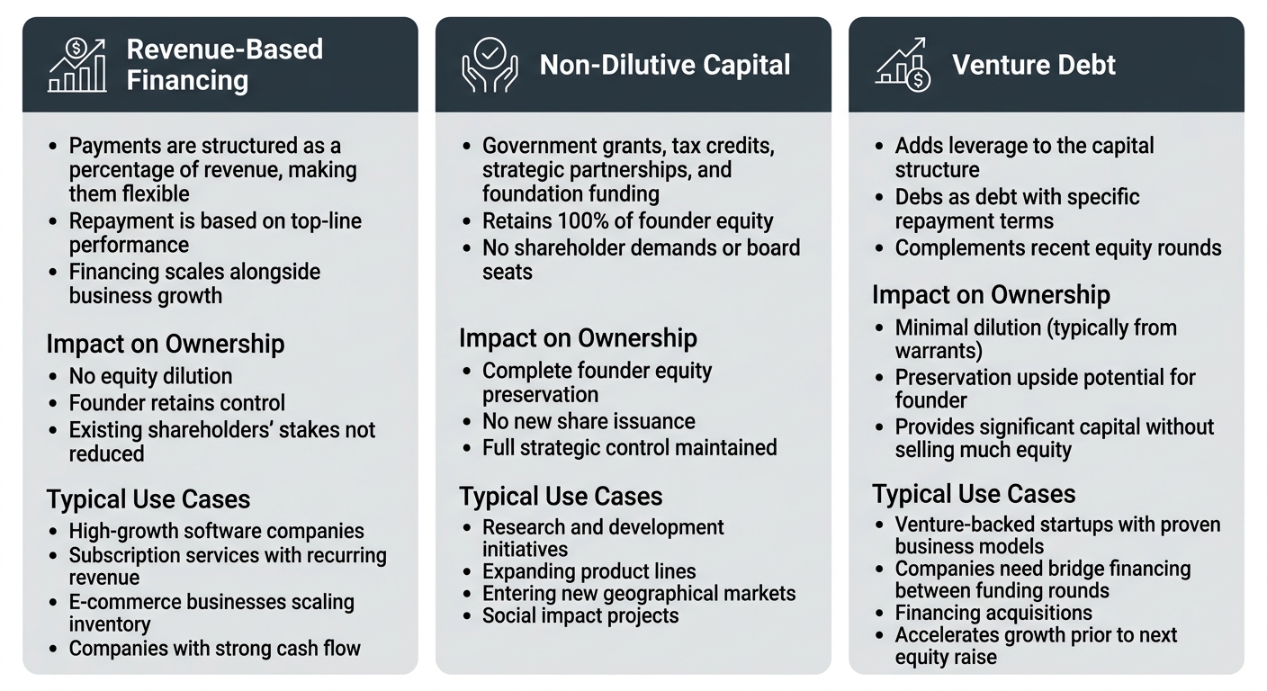 Three-column infographic comparing Revenue Based Financing, Non-Dilutive Capital, and Venture Debt with icons and structural features.