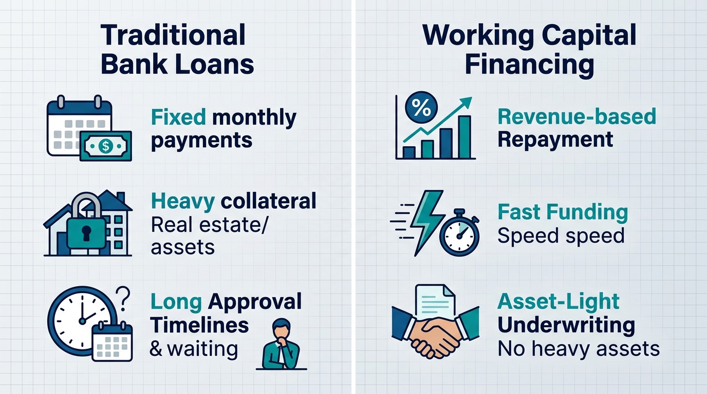 Side-by-side comparison of traditional bank loans versus working capital financing with feature icons and subtle grid background