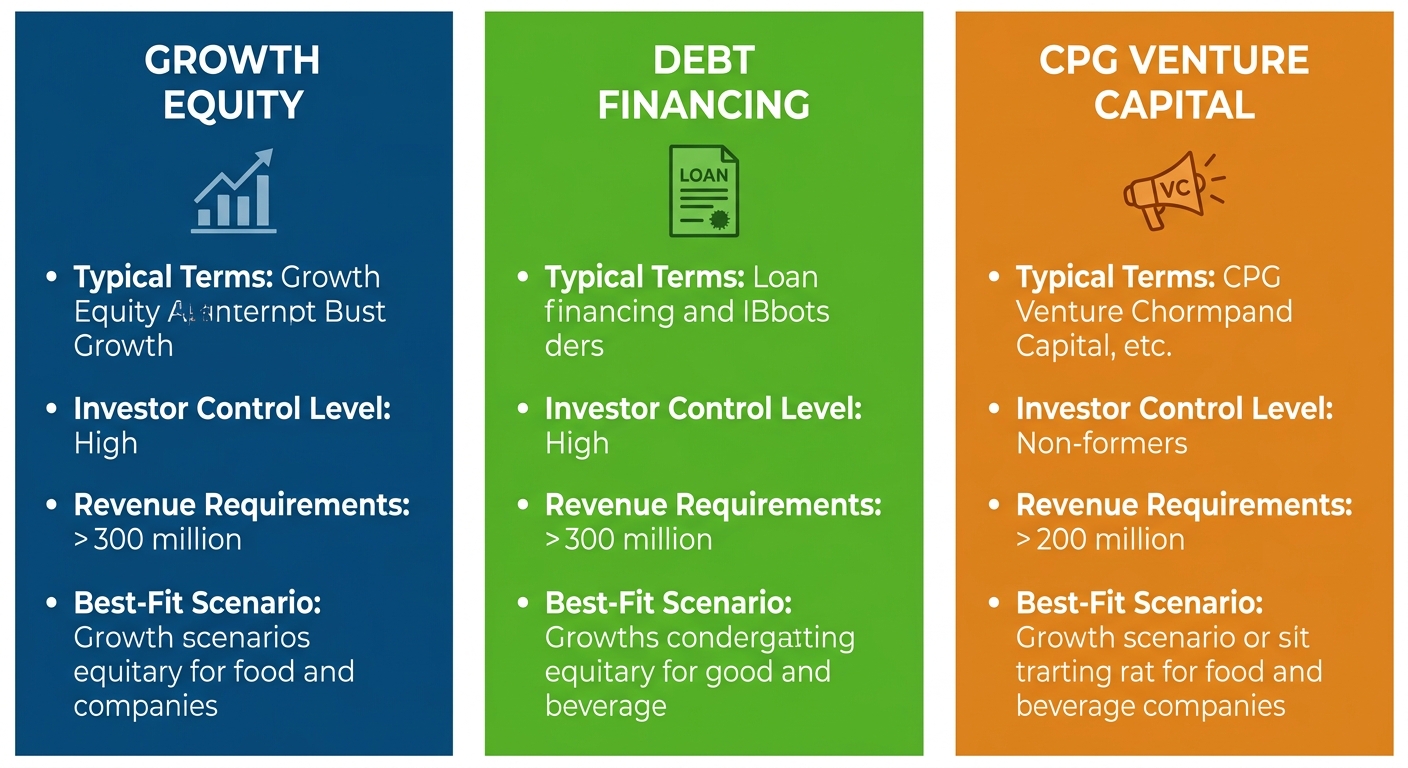 Comparison infographic contrasting Growth Equity, Debt Financing, and CPG Venture Capital structures for food and beverage companies, featuring clean corporate design with blue, green, and orange columns.