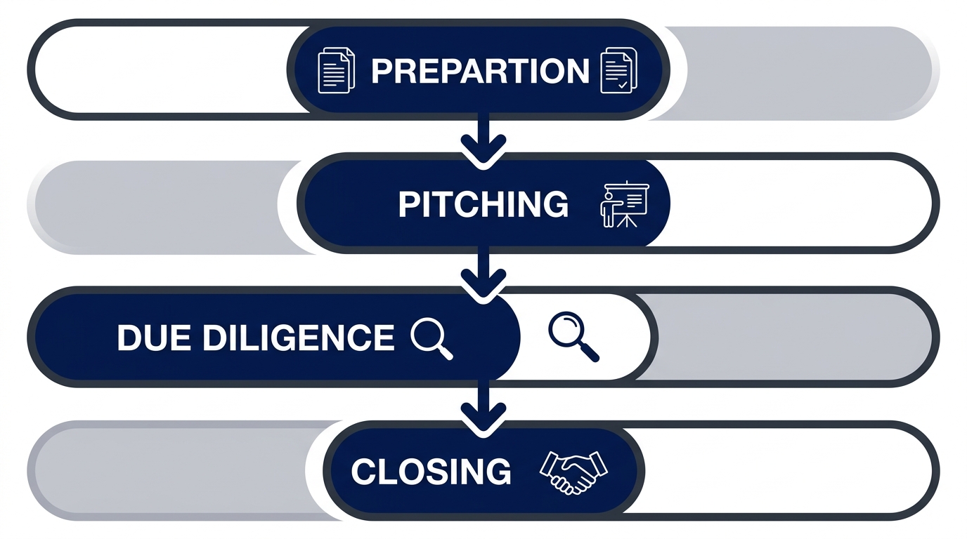 Vertical process flow of the capital raising lifecycle with four stages: Preparation, Pitching, Due Diligence, Closing