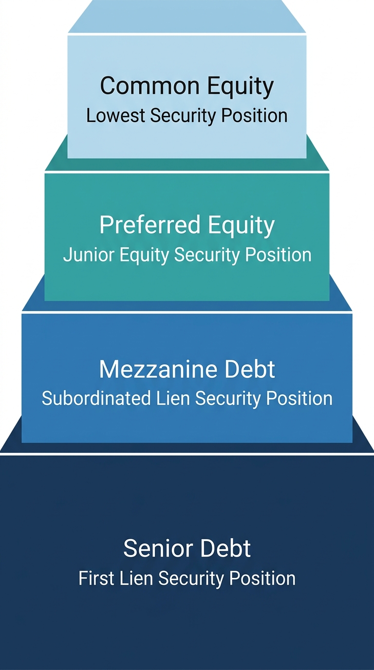 Vertical capital stack diagram for digital infrastructure showing four layers: Senior Debt at the base, Mezzanine Debt, Preferred Equity, and Common Equity at the top.