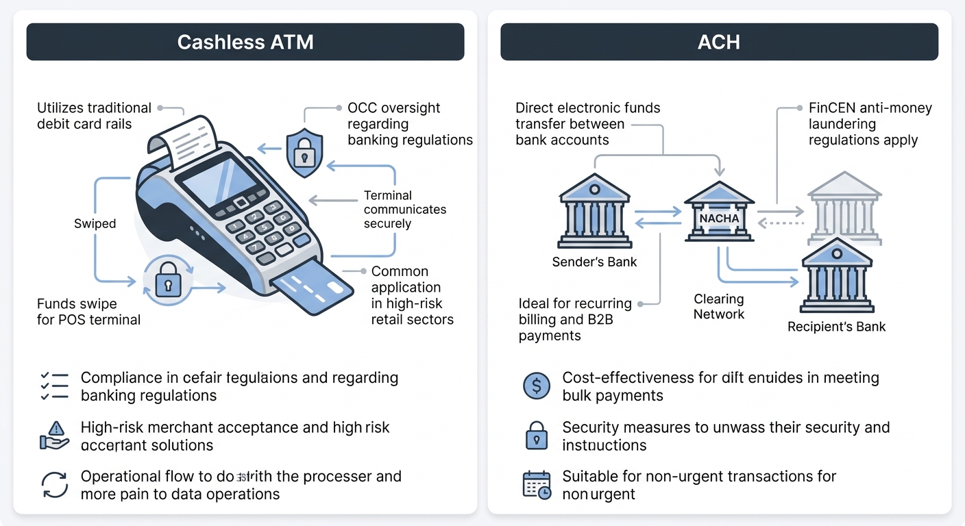 Side-by-side comparison of Cashless ATM and ACH payment solutions with clean professional icons and two-column layout in blue and gray tones