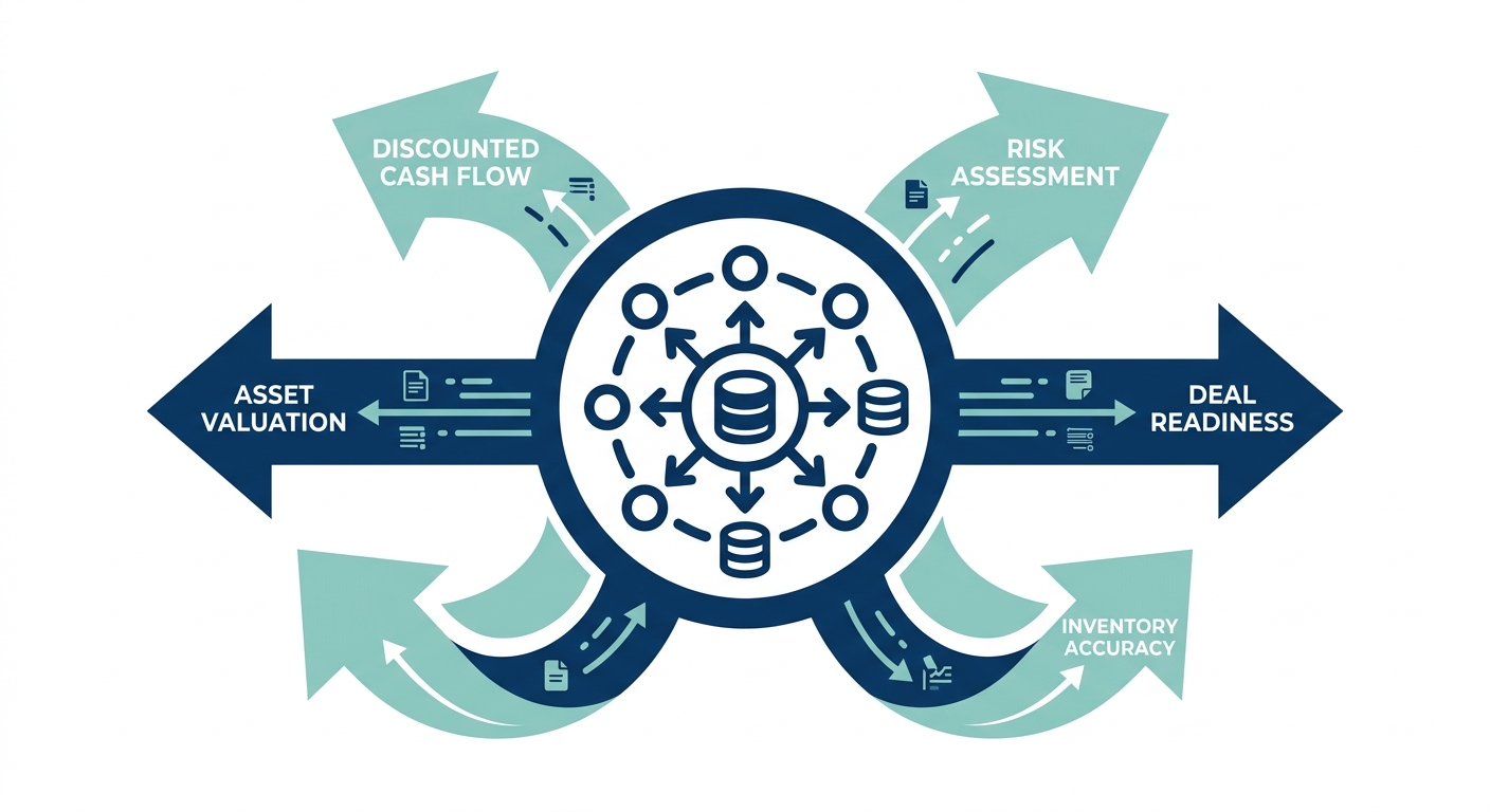Central cloud POS hub feeding data arrows into financial metrics: discounted cash flow model, asset valuation, risk assessment for M&A deal readiness.