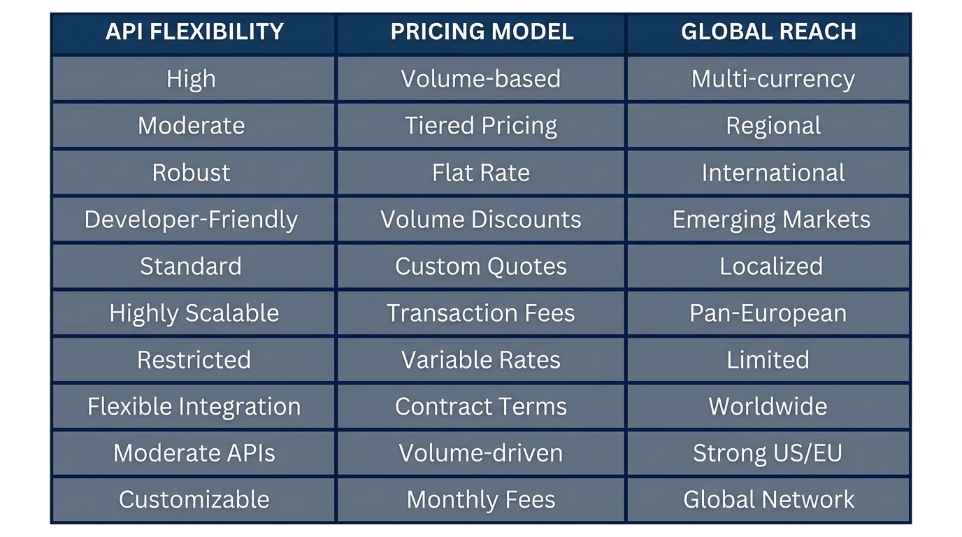 Qualitative comparison matrix of ten payment processors across API flexibility, pricing model archetype, and global reach category, showing descriptive categories in a grid layout with deep navy and slate gray colors