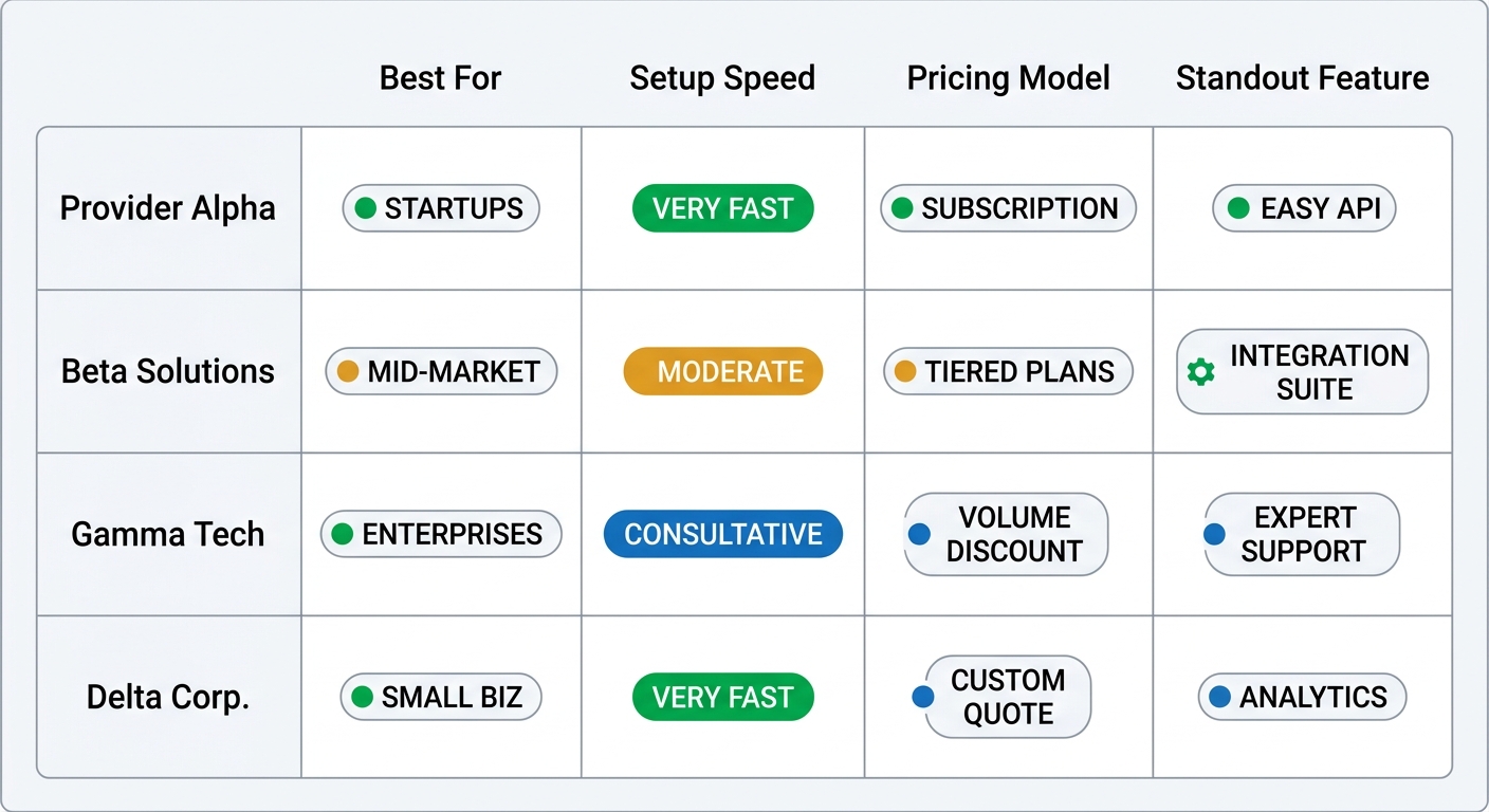 Comparison grid of high risk payment processing options with four columns for Best For, Setup Speed, Pricing Model, and Standout Feature