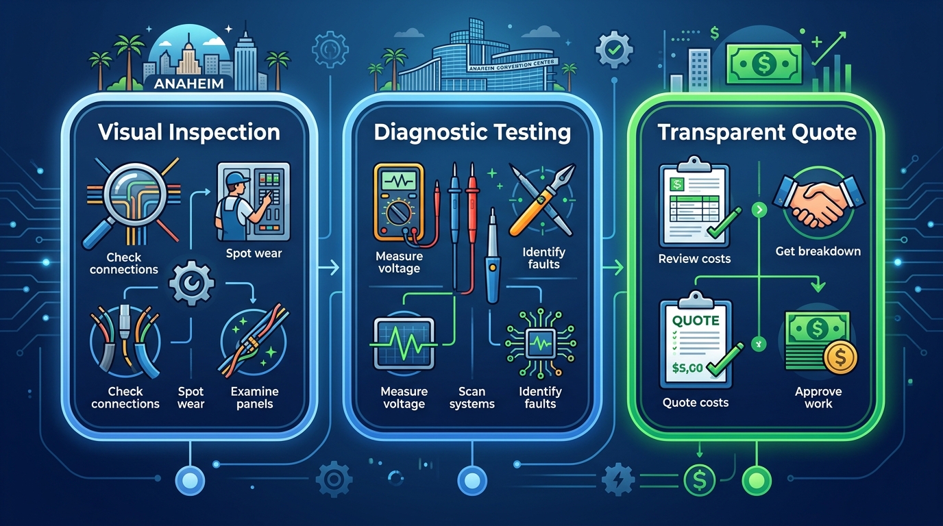 Three-step diagnostic process for electrical service in Anaheim showing visual inspection, diagnostic testing, and transparent quote stages.