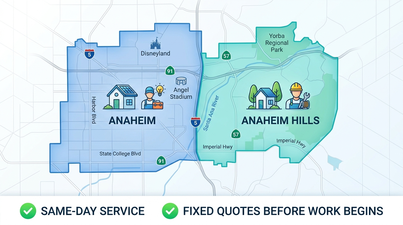 A stylized service coverage infographic for Anaheim and Anaheim Hills with two shaded zones, electrician and home icons, and a bottom strip with same-day service and fixed quotes messaging.