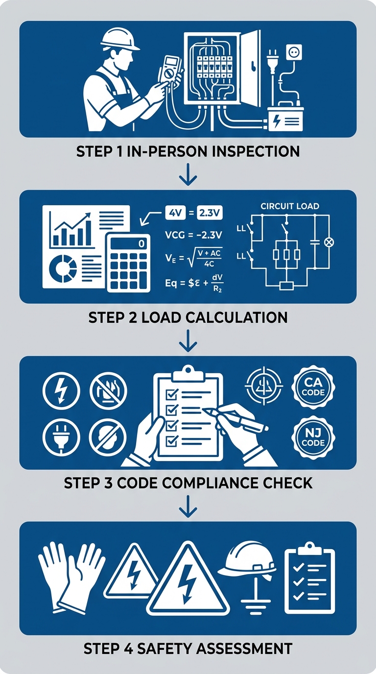 Vertical process flow showing four stages of on-site electrical diagnostic: in-person inspection, load calculation, code compliance check, and safety assessment