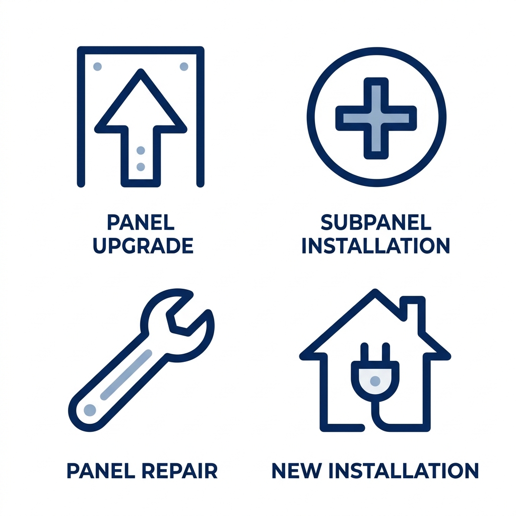 Set of four icons showing electrical panel services upgrade, subpanel installation, repair, and new installation in a 2x2 grid on white background