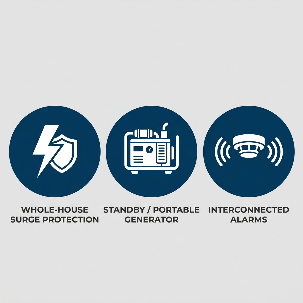 Three service icons for surge protection, generator installation, and smoke detector services in Anaheim