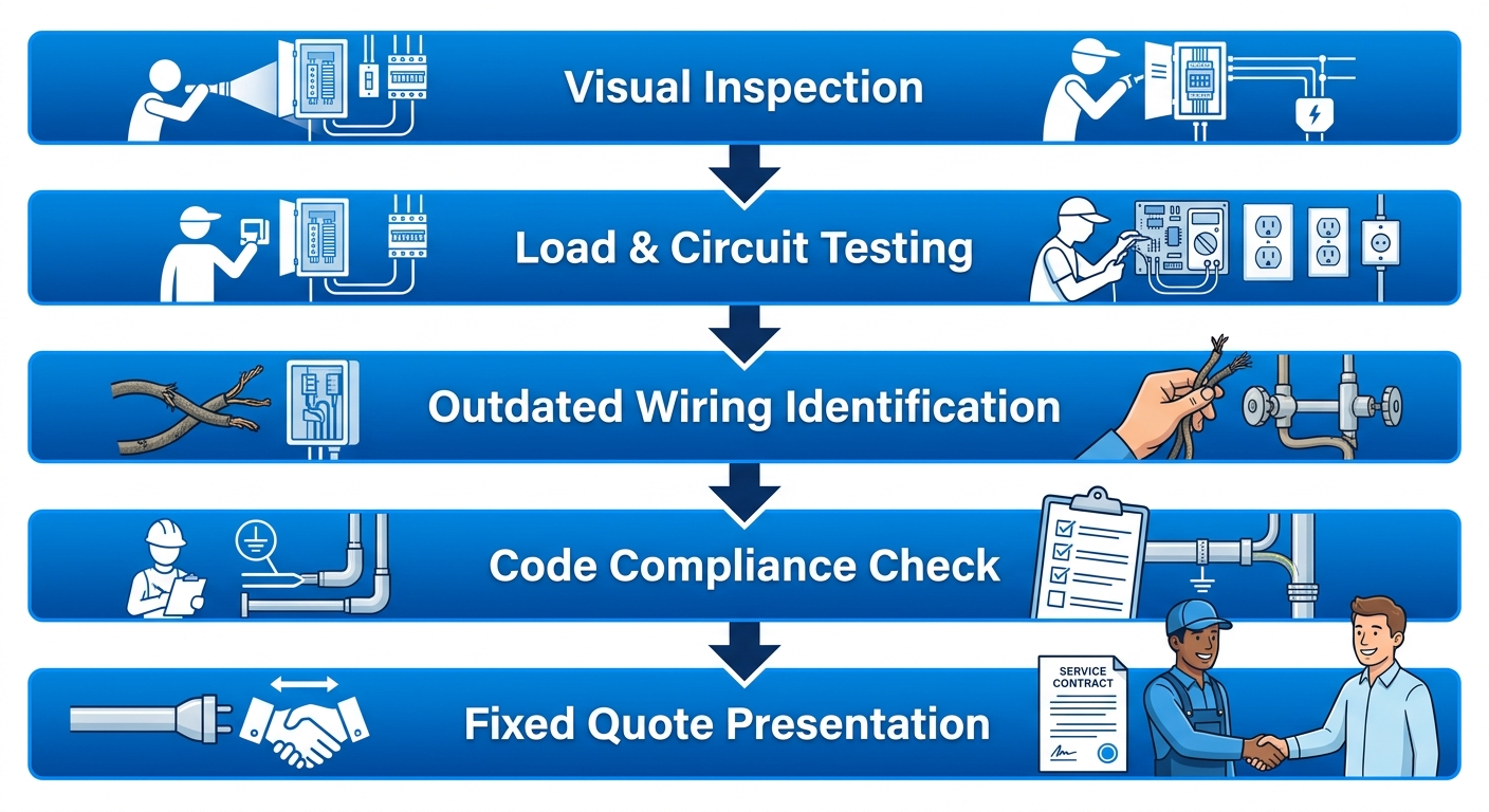 Vertical process flow diagram of electrical diagnostic process with five stages: Visual Inspection, Load and Circuit Testing, Outdated Wiring Identification, Code Compliance Check, and Fixed Quote Presentation.