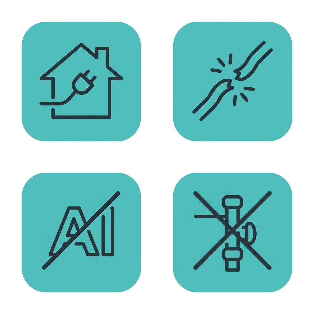 Four emergency electrical service icons in a two-by-two grid showing whole home rewiring, wiring repair, aluminum wiring replacement, and knob and tube wiring replacement