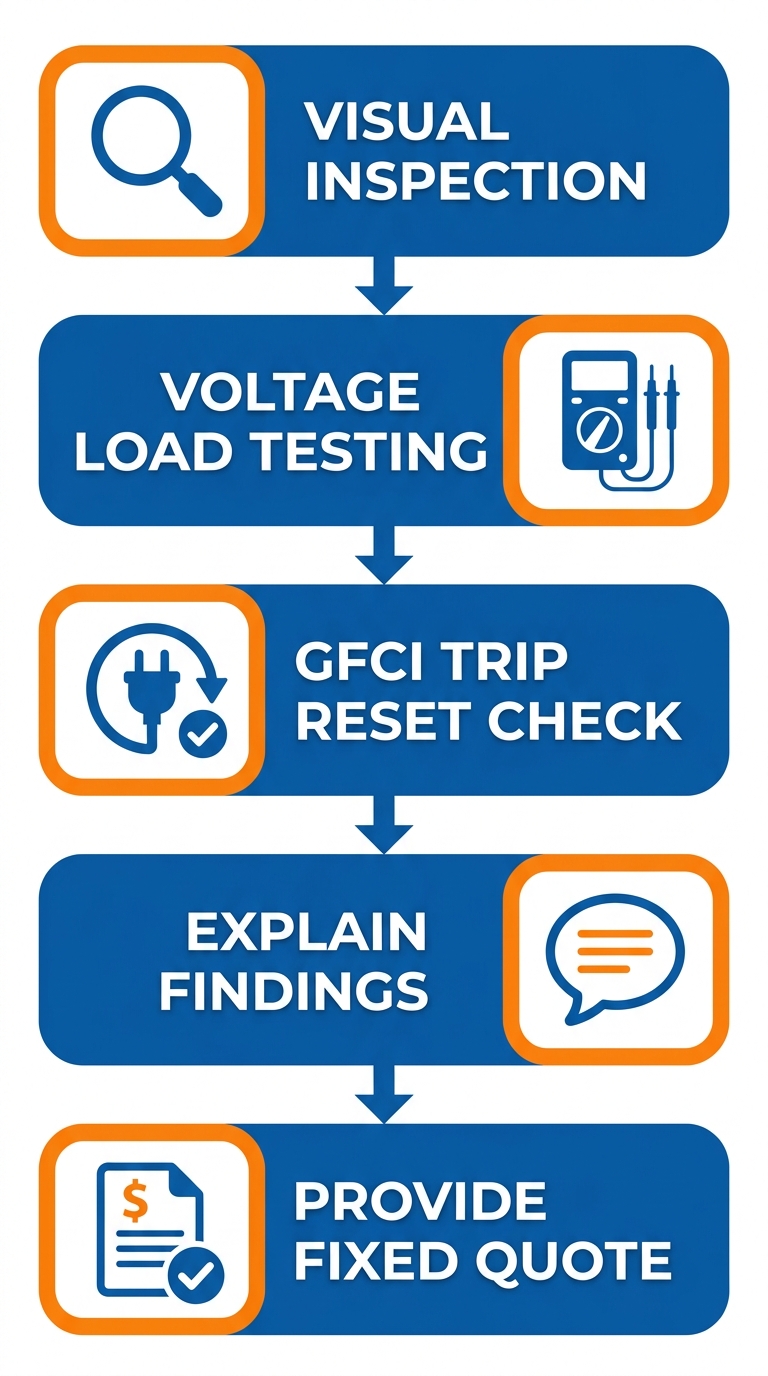 Diagnostic process for electrical outlets showing five steps from visual inspection to fixed quote