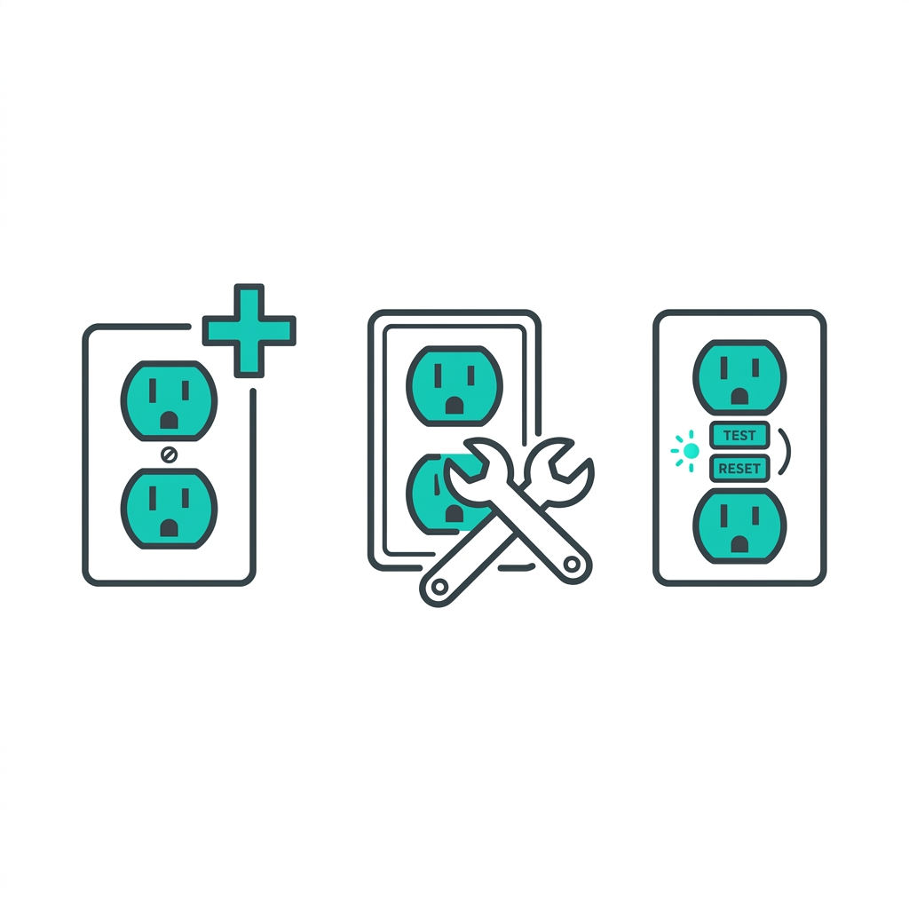 Three square icons showing electrical outlet services: installation, repair, and GFCI outlet services.