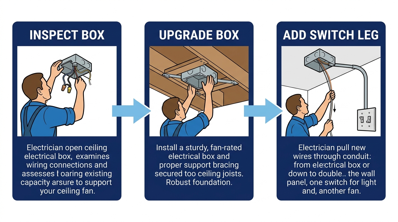 Process diagram for converting a light fixture to a ceiling fan.