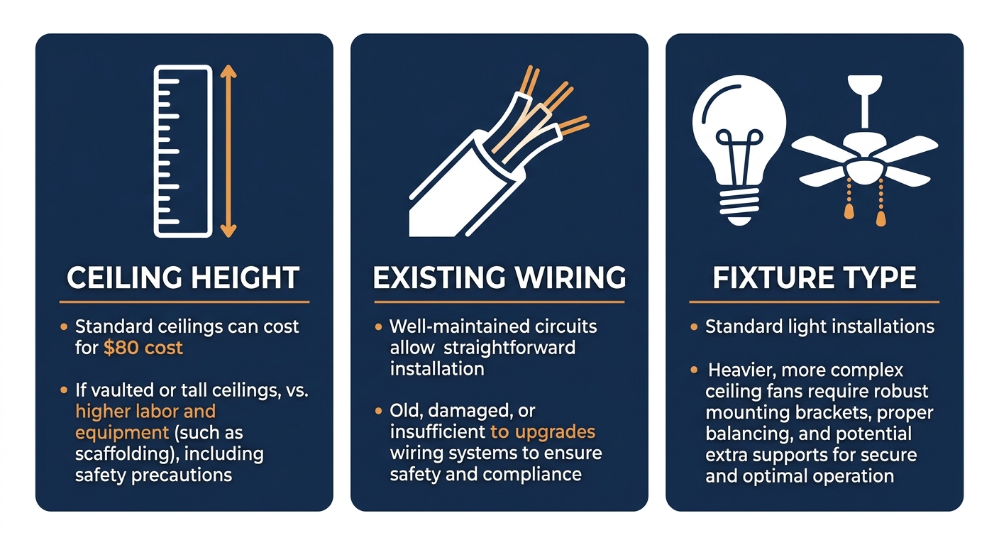 Infographic showing three cost factors for lighting and ceiling fan installation in Anaheim.