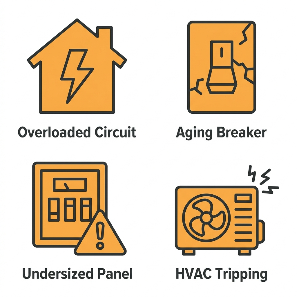 Icons showing common circuit breaker problems: overloaded circuit, aging breaker, undersized panel, and HVAC tripping, with labels, on white background.