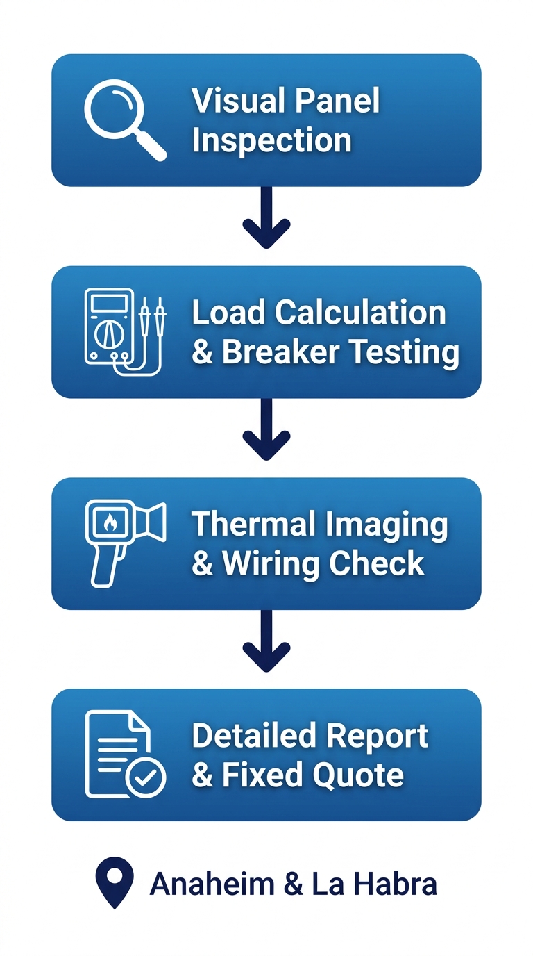 Four-step diagnostic process for circuit breaker issues in Anaheim, showing panel inspection, load calculation, thermal imaging, and detailed report stages.