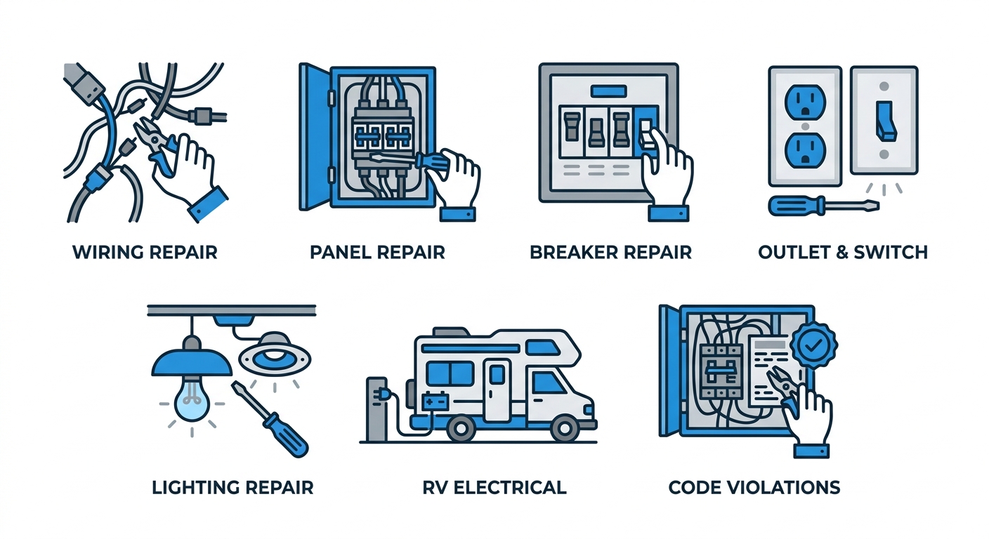 7 icon grid highlighting emergency residential electrical repair services in Anaheim California
