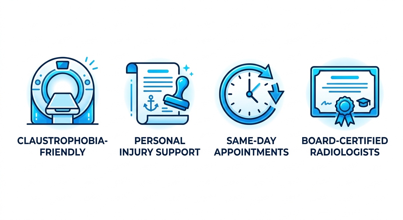 Open MRI services infographic for Katy, Texas showing four benefit icons including a wide-open scanner, lien document, clock, and certificate icons