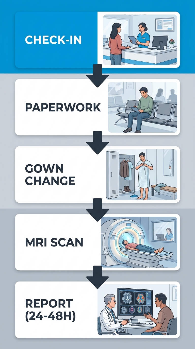 MRI arrival experience process flow: Check-in, Personal injury paperwork, Change into gown, MRI scan, Report turnaround 24-48 hours