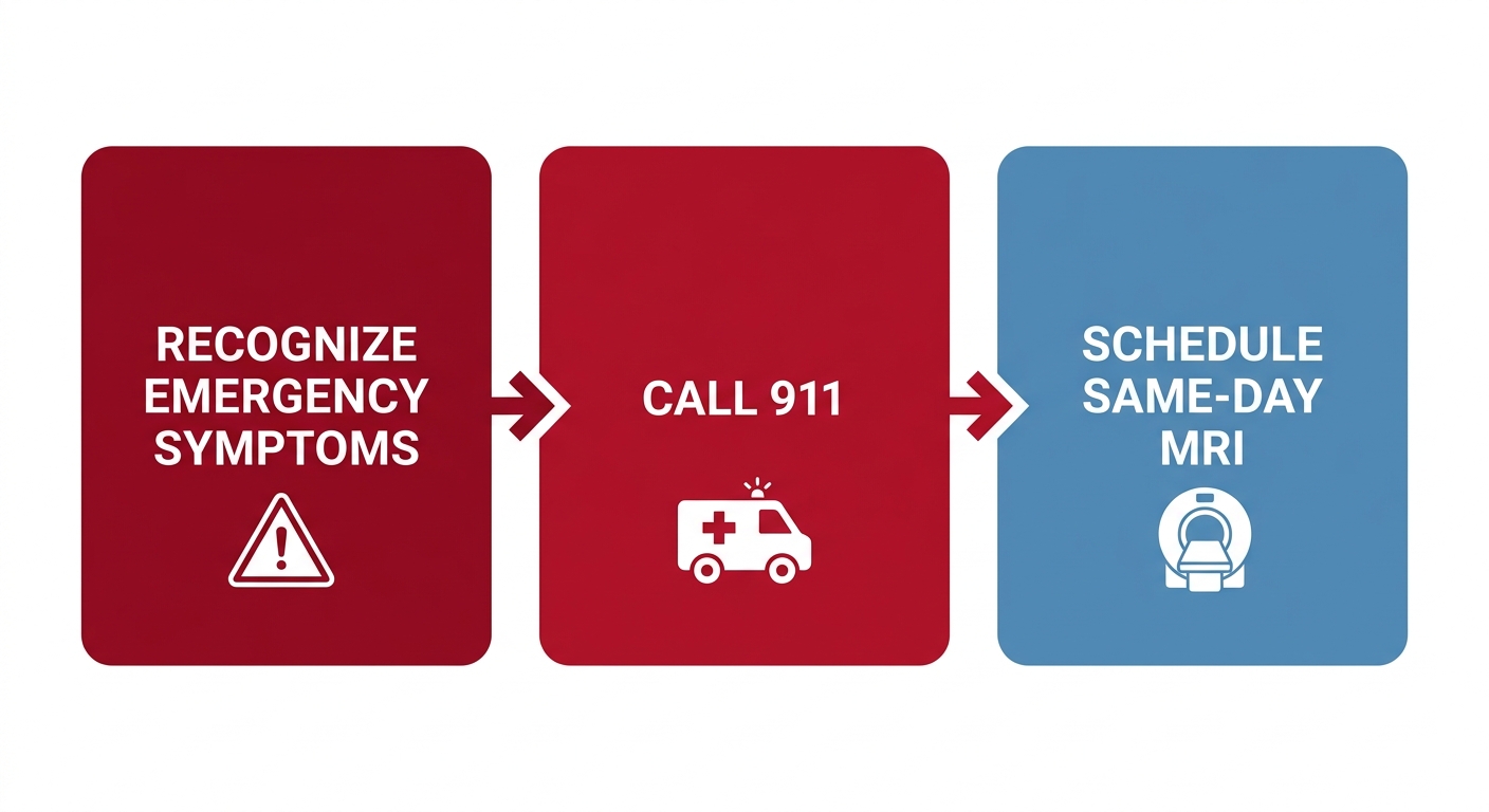 Emergency care decision-flow diagram with three stages: recognize symptoms, call 911, schedule same-day MRI at AZ Advanced Imaging