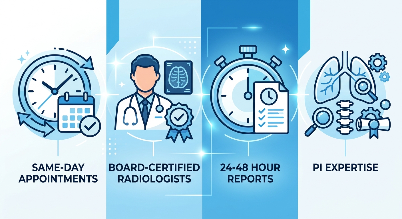 Medical imaging value props infographic with four icons: Same-Day Appointments, Board-Certified Radiologists, 24-48 Hour Reports, PI Expertise, in clean blue and white palette.