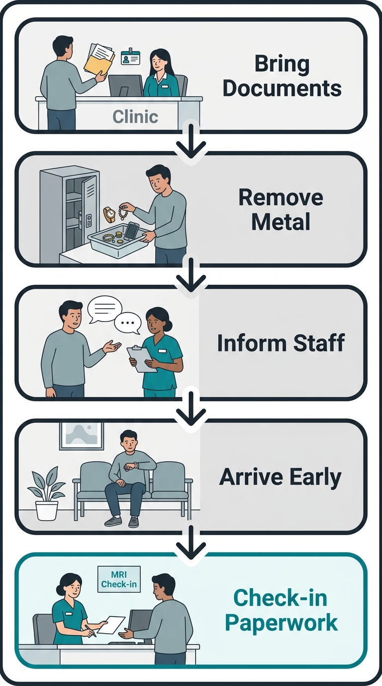 Vertical process flow diagram with five preparation steps for an MRI scan: Bring Documents, Remove Metal, Inform Staff, Arrive Early, and Check-in Paperwork, connected by downward arrows with teal icons on a white background.