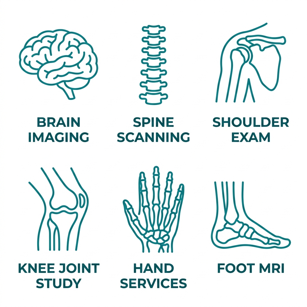 Two rows of three outline icons for open MRI services: brain, spine, shoulder, knee, hand, and foot with labels