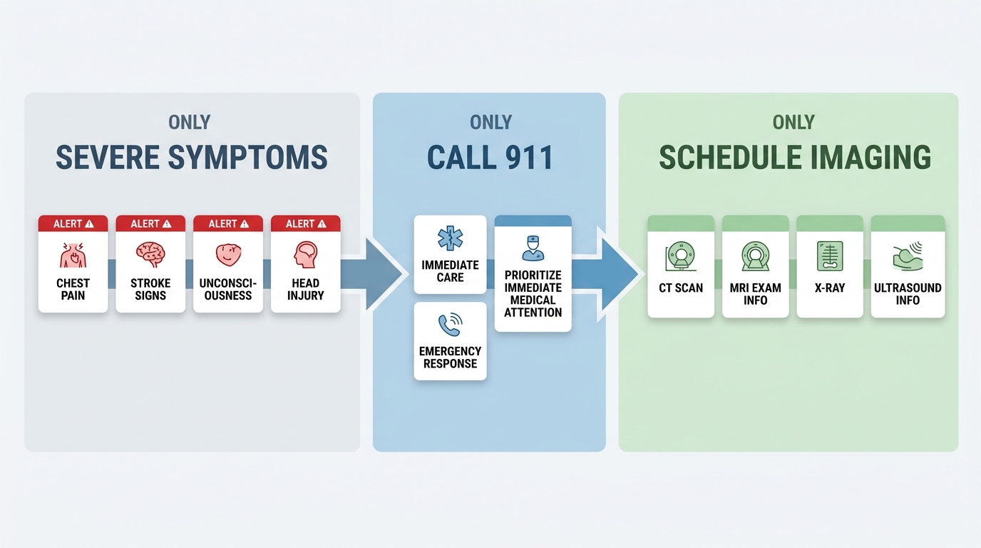 Flowchart showing a decision path for severe symptoms leading to either calling 911 or scheduling non-emergency imaging at AZ Advanced Imaging.