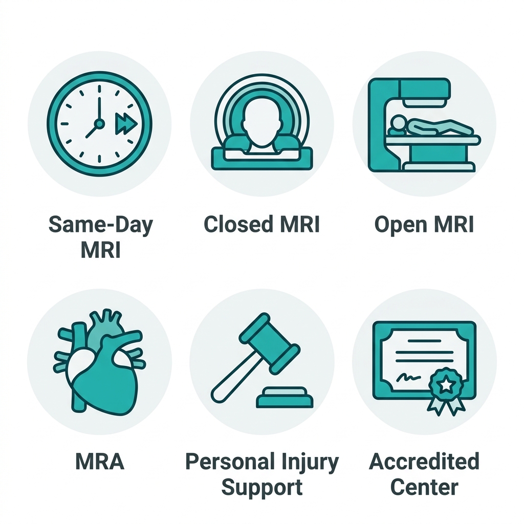 Icon set showing six MRI services in Tomball: same-day MRI with clock, closed MRI with head coil, open MRI with person, MRA with heart, personal injury support with gavel, accredited center with certificate