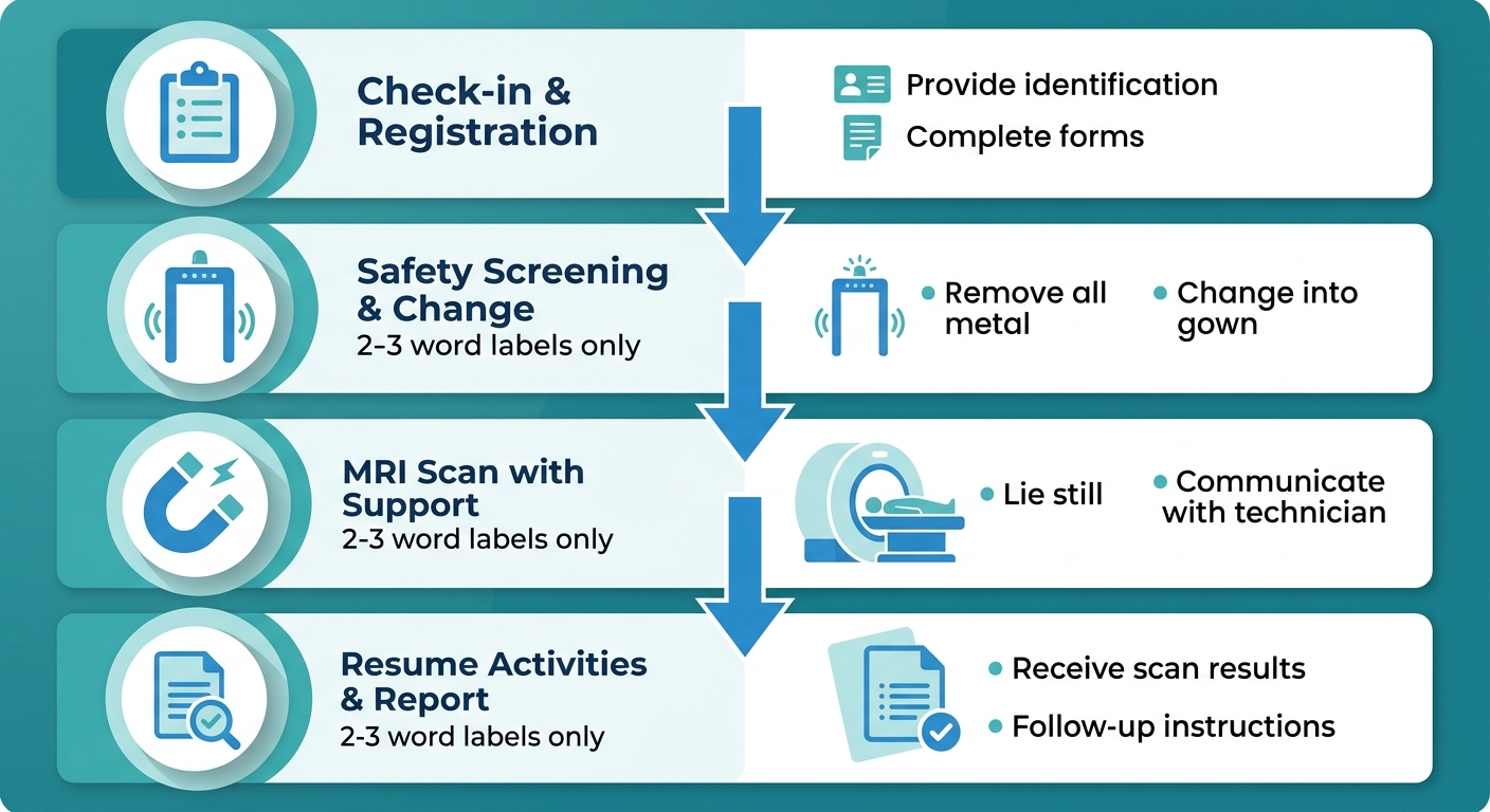Vertical process flow diagram showing four steps for an MRI scan at the Tomball imaging center, from check-in to report delivery.