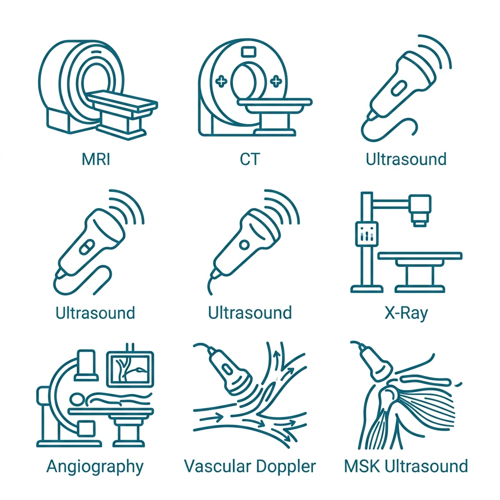 Set of seven diagnostic imaging icons: MRI, CT, ultrasound, X-ray, angiography, vascular doppler, and MSK ultrasound, in teal outline style on white background.