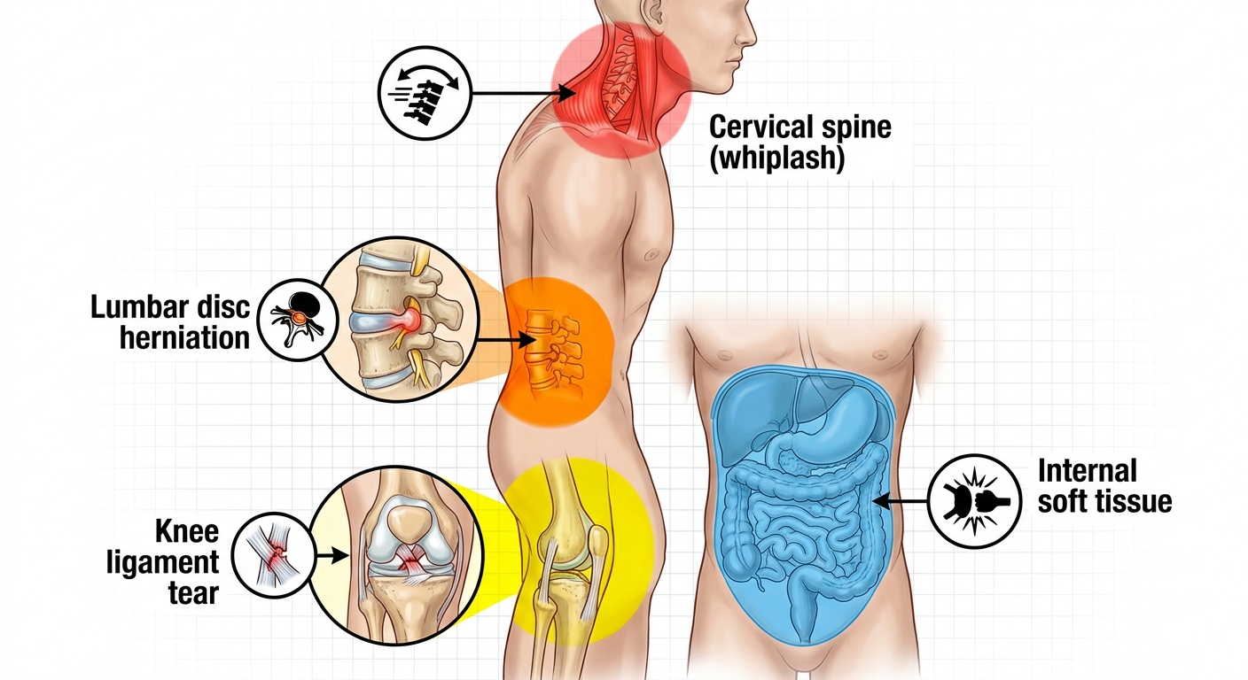Infographic showing a human silhouette highlighted with four injury zones after a car accident: cervical spine in red, lumbar disc herniation in orange, knee ligament tear in yellow, and internal soft tissue in blue, each with an explanatory icon and concise label on a white background with subtle grid.