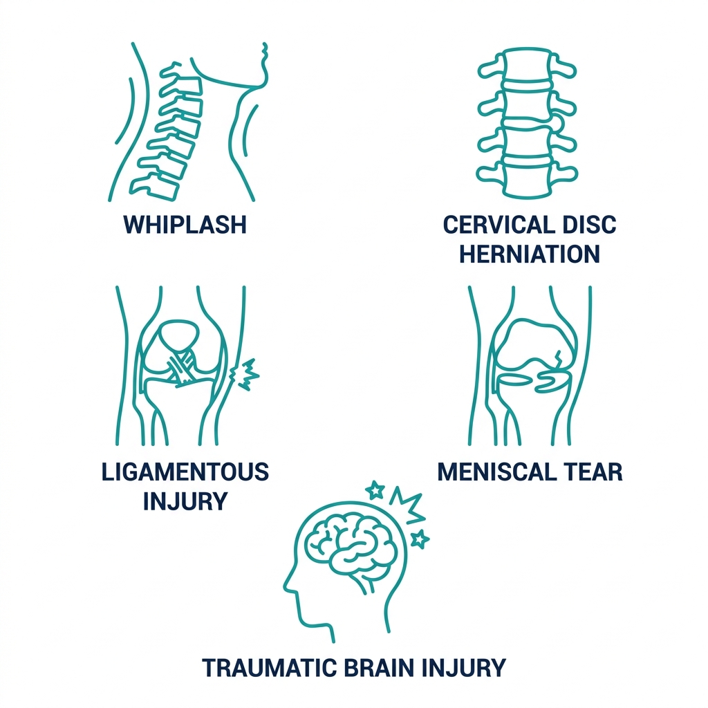 Set of five flat outline icons in teal on white background: neck and spine for whiplash, spinal disc for herniation, knee joint for ligament injury, knee with tear for meniscal tear, and brain for traumatic brain injury, each labeled in dark blue.