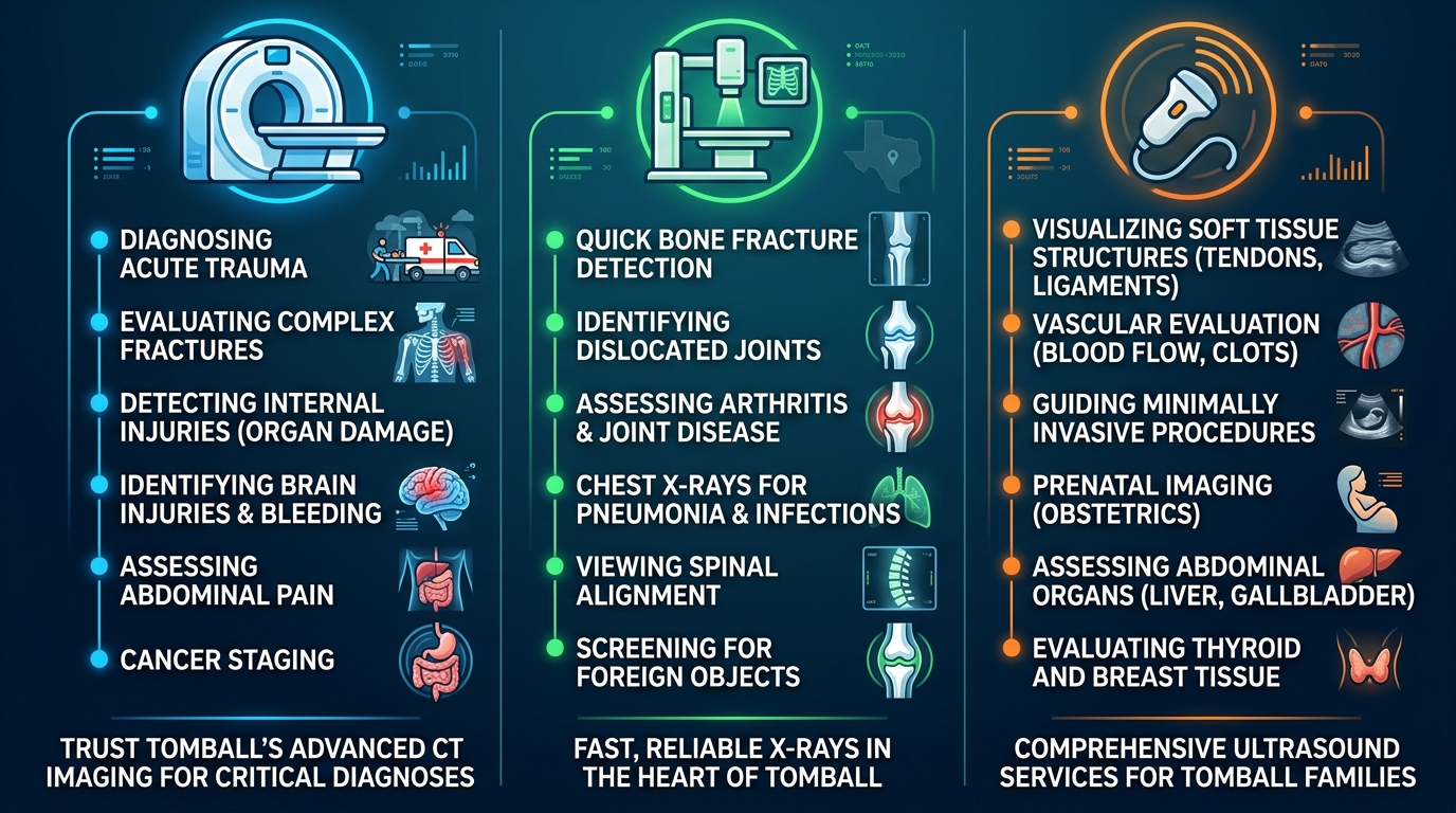 Infographic showing three columns for CT scans, X-rays, and ultrasound services at a Tomball imaging center, with condition bullet points and local service tagline.