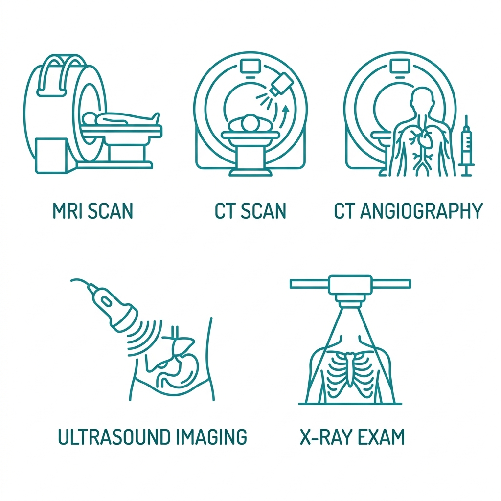 Icons for diagnostic imaging services including MRI, CT, CT Angiography, Ultrasound, and X-Ray arranged in a grid