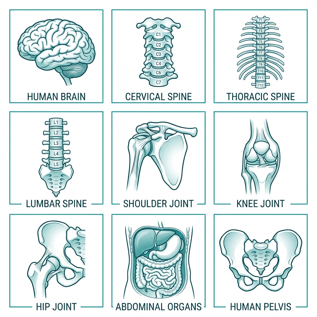 Grid of nine MRI exam type icons in teal outline style on white background, with labels: brain, cervical spine, thoracic spine, lumbar spine, shoulder, knee, hip, abdomen, pelvis.