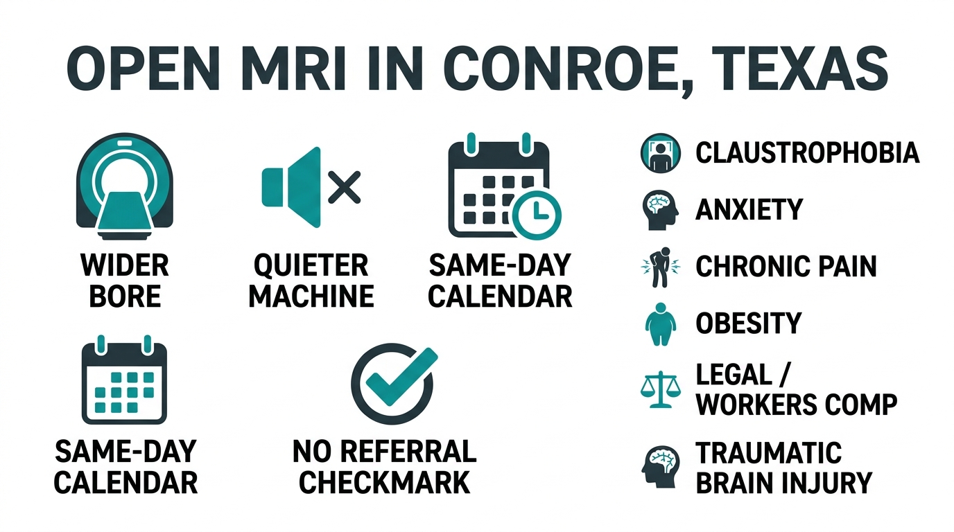 Infographic depicting open MRI features in Conroe, Texas with icons for wider bore, quiet design, same-day appointments, no referral required, and a list of conditions including claustrophobia, anxiety, chronic pain, obesity, legal and workers comp cases.