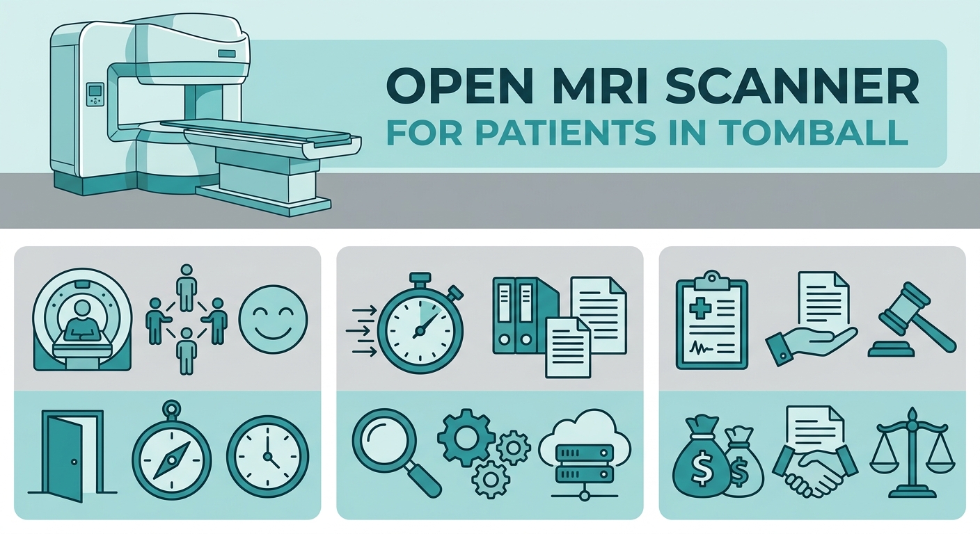 Infographic with open MRI scanner illustration and three icon-based benefits: comfort, fast report turnaround, and lien acceptance