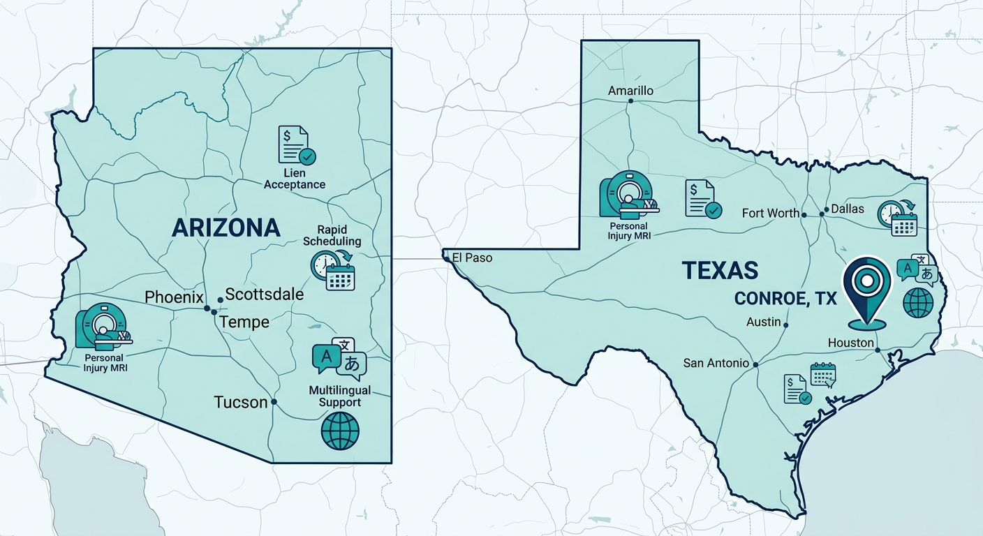 Infographic map of diagnostic imaging service areas in Arizona and Texas with Conroe, TX highlighted and icons for personal injury MRI, lien acceptance, rapid scheduling, and multilingual support.