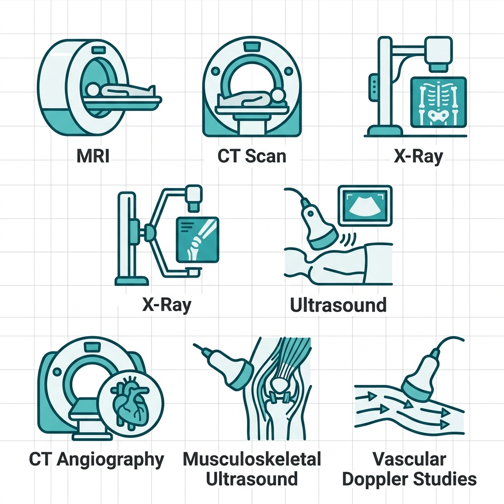 Diagnostic imaging services offered at Conroe location shown as a grid of icons: MRI, CT Scan, X-Ray, Ultrasound, CT Angiography, Musculoskeletal Ultrasound, and Vascular Doppler Studies.