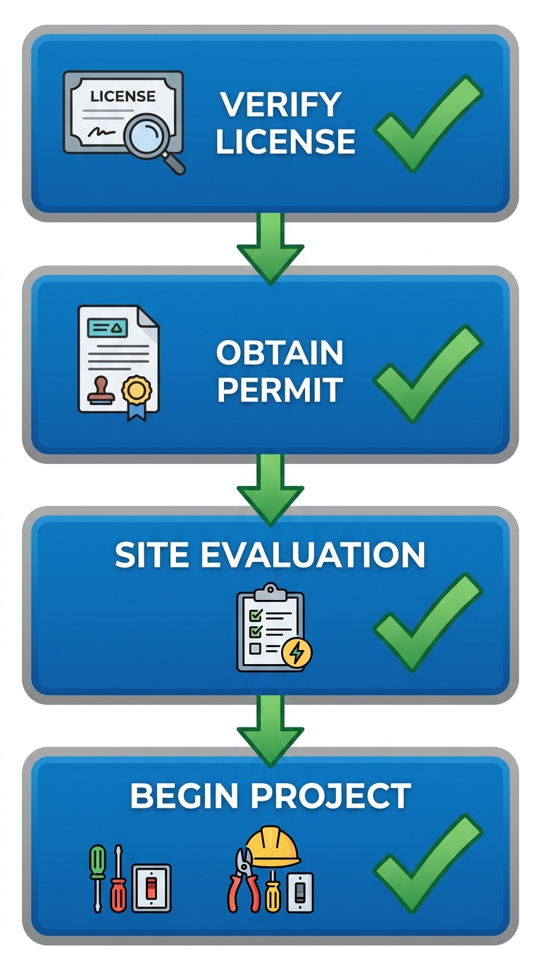 Four-stage vertical process flow for starting electrical projects in Thousand Oaks, from license verification to project commencement.