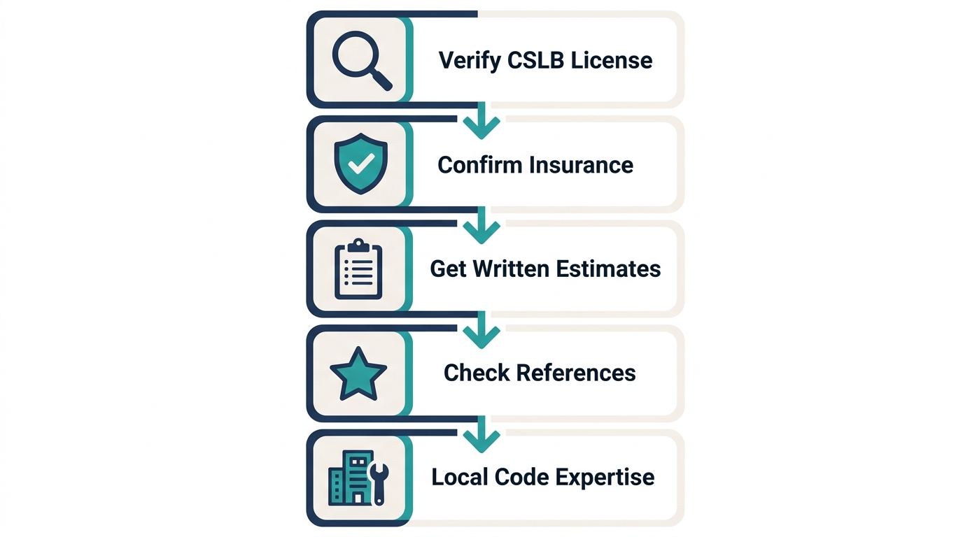 Vertical flow diagram showing five steps to hire an electrician in Moorpark: verify license, confirm insurance, get written estimates, check references, and expertise in local code and services.