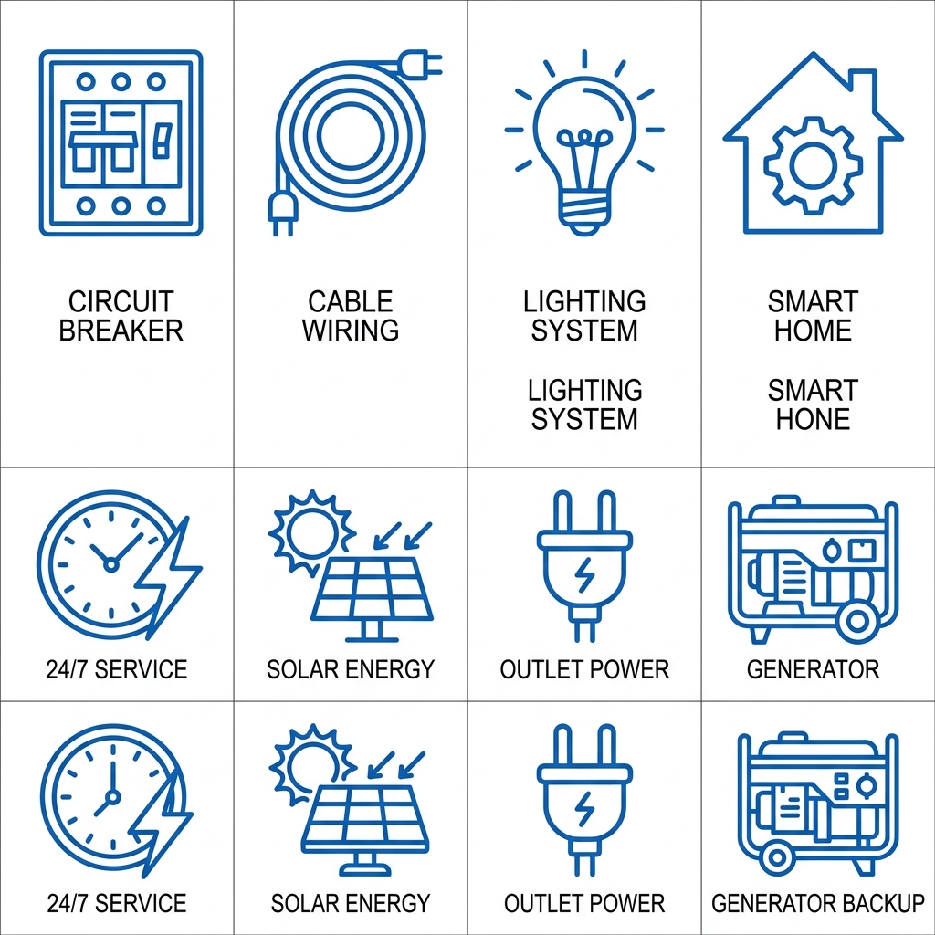 Grid of 8 electrical service icons including panel upgrades, wiring, lighting, smart home, emergency repair, solar, EV charger, and generator services